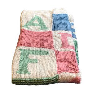 ABCDEF Alphabet Blocks Knit Baby Blanket Pink Blue White Green Security Lovey